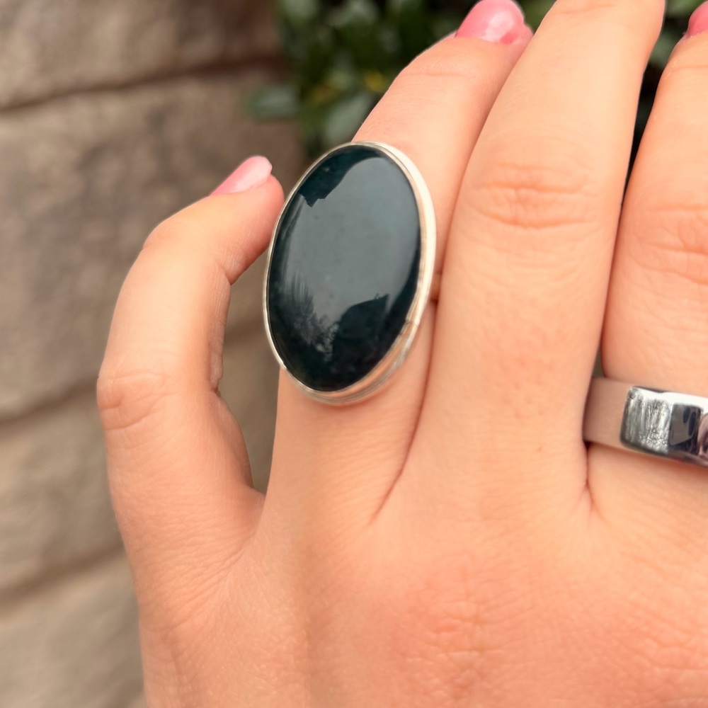 VTG style Dark Green Moss Agate 925 Sterling Silver Oval Ring Sz 8.5 Boho